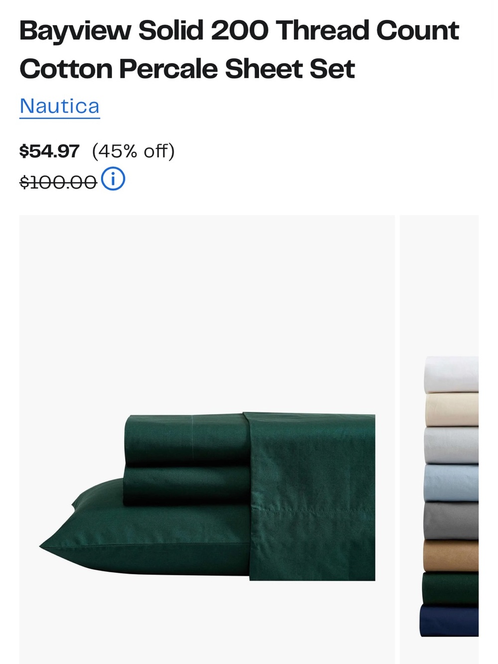 Nautica Bayview Solid Cotton Percale Sheet Set - Deep Green - TWIN